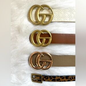 Fashion Belts (4). White, brown, beige & leopard.